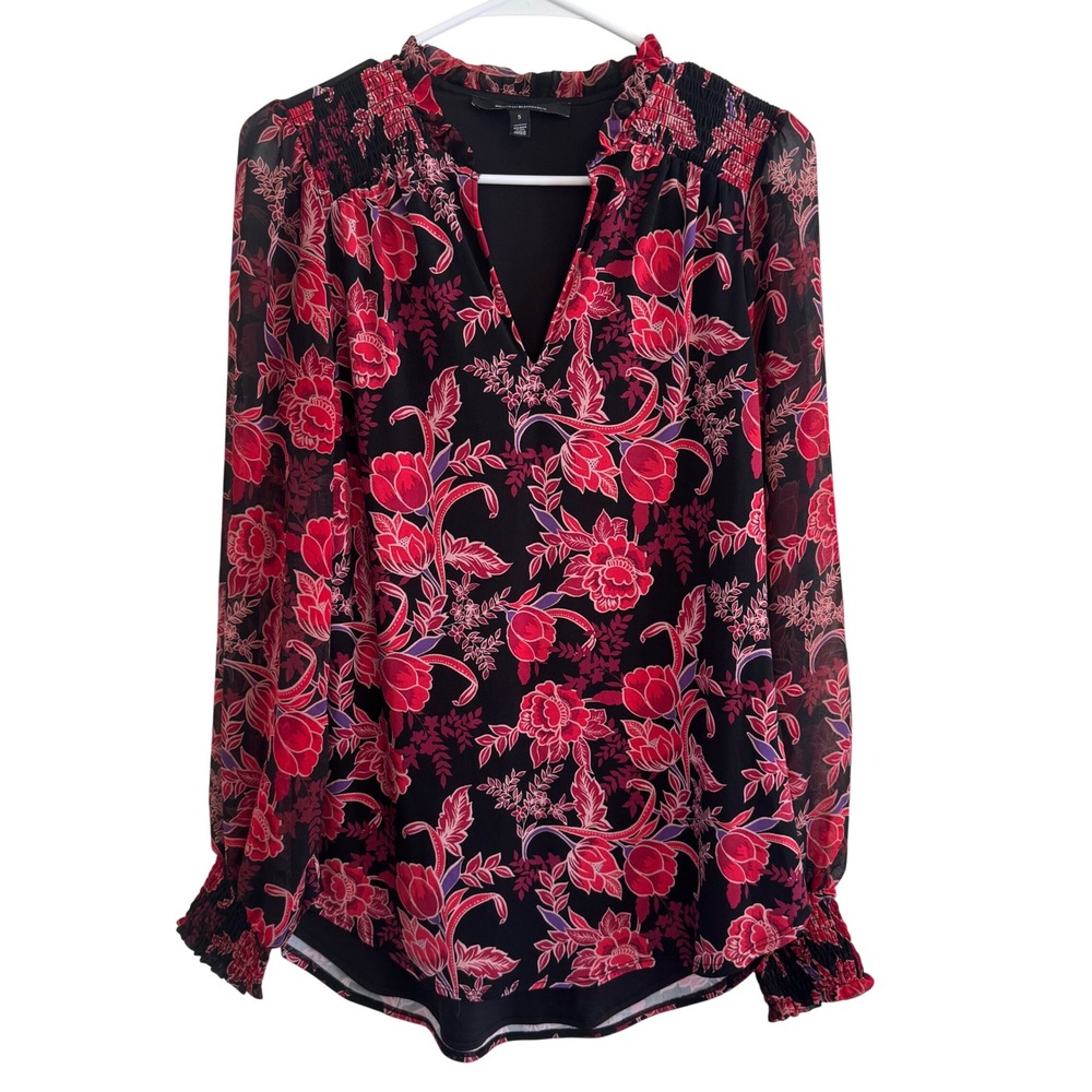 White House Black Market‎ Floral Sheer Blouse Smocked Sleeve Small